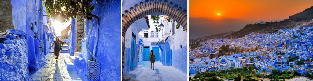 Panoramic view of Chefchaouen’s blue streets, a must-stop in any Morocco itinerary.